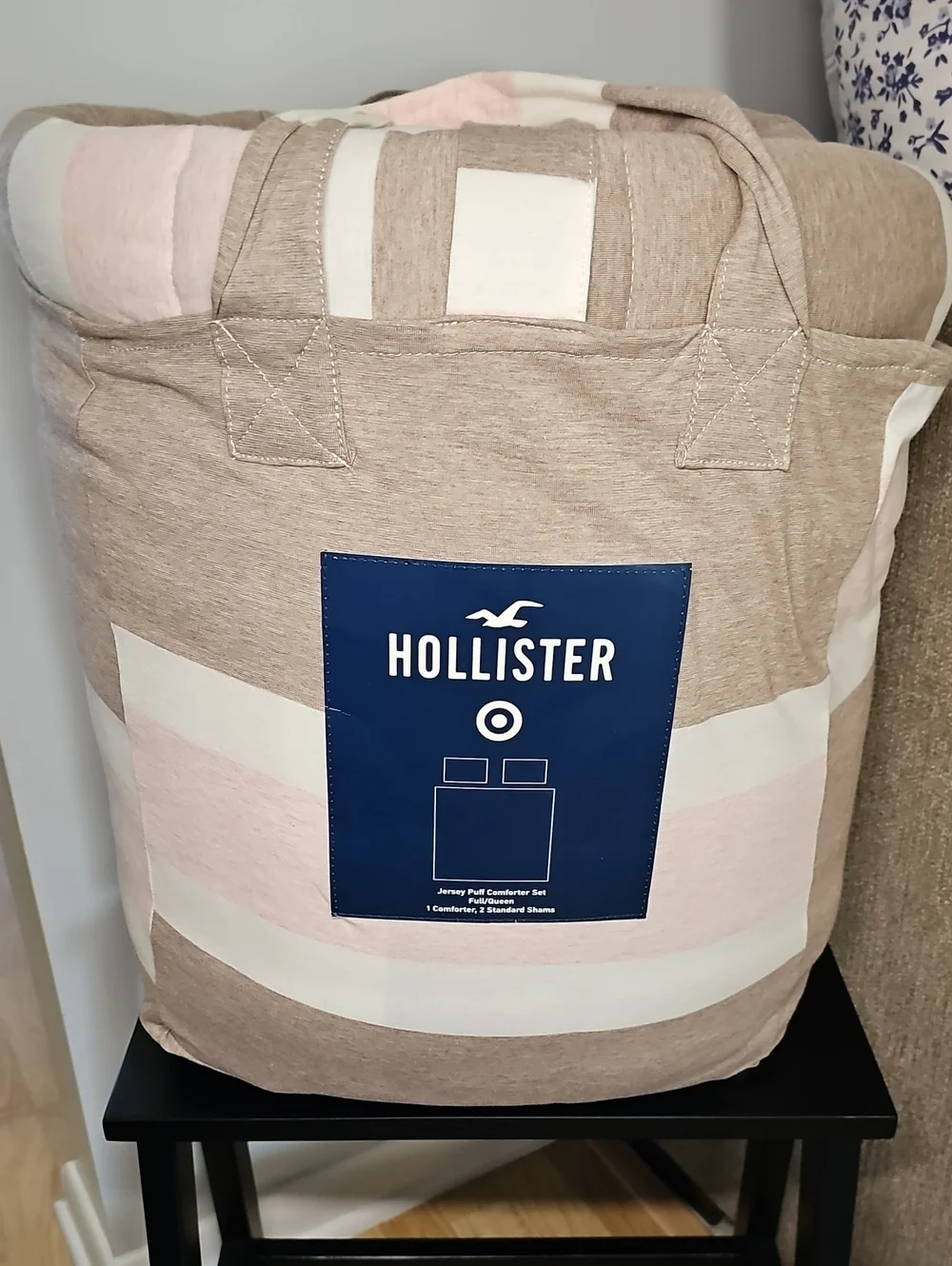 Full/Queen Hollister Cali Reversible Jersey Puff Comforter Set Pink/Brown Stripe